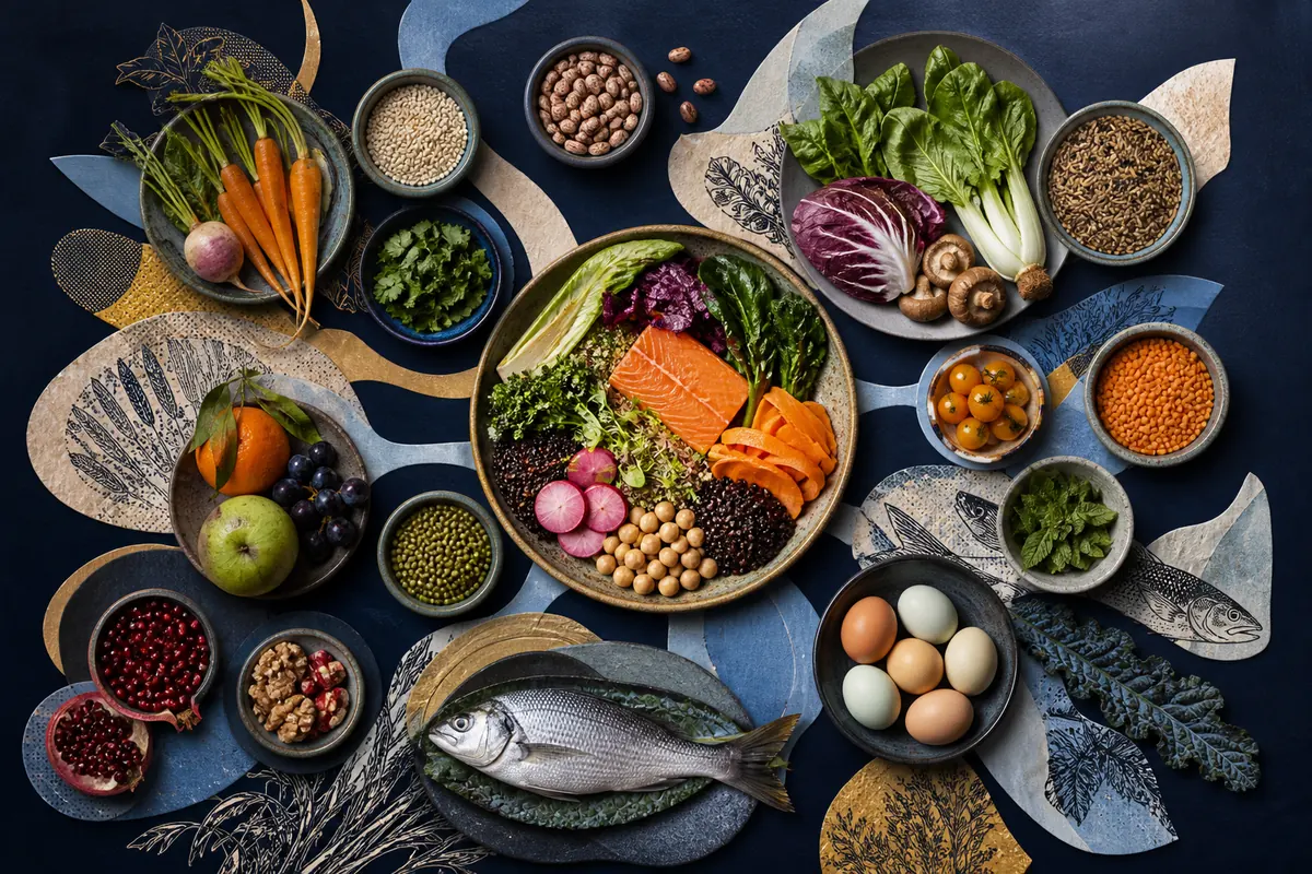 Colorful whole foods, grains, legumes, fish, eggs, fruits, and vegetables arranged around a balanced meal.