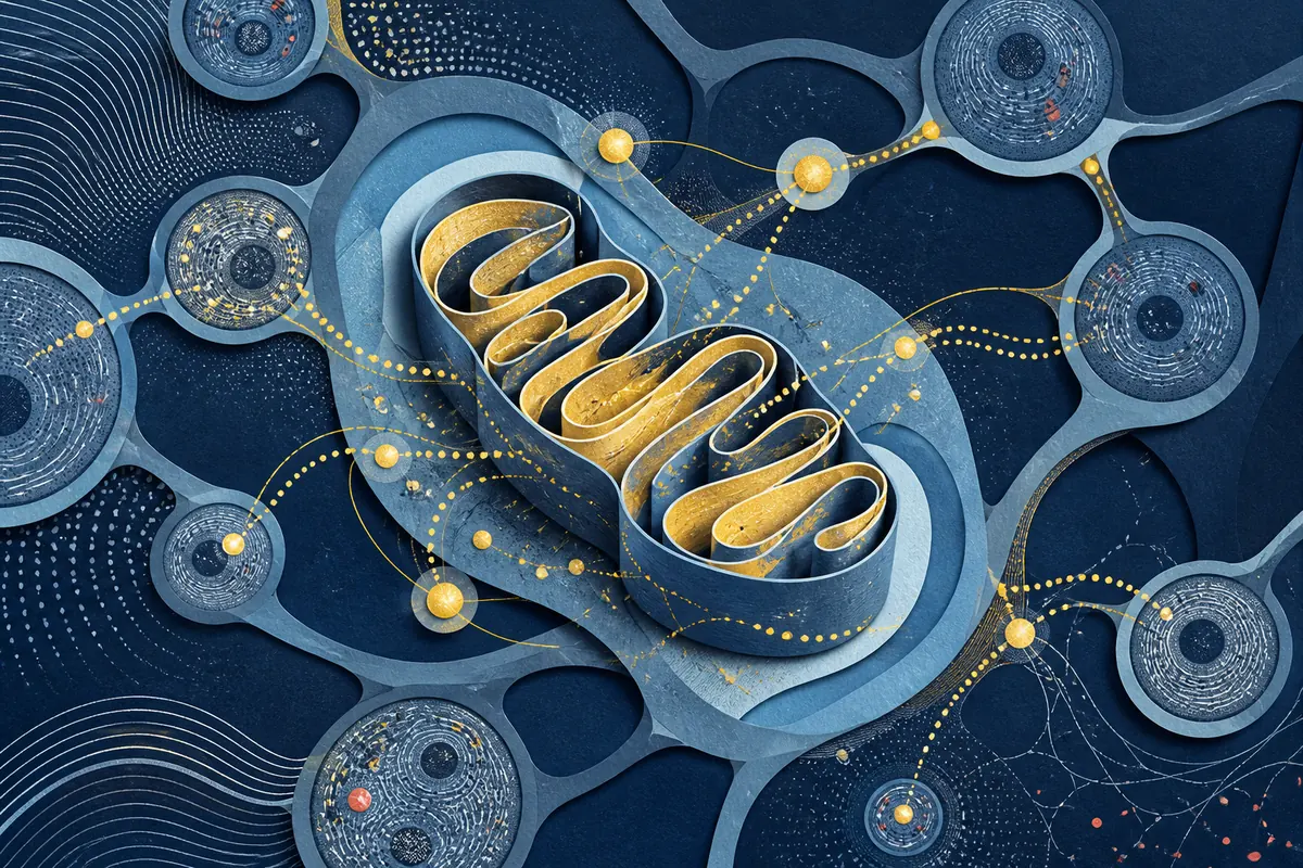 Paper-collage mitochondrion connected to a network of cells and energy pathways.