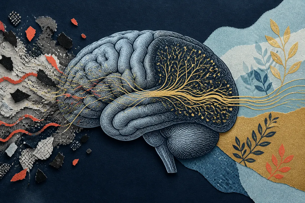 Engraved brain with scattered signals resolving into an organized neural pathway.