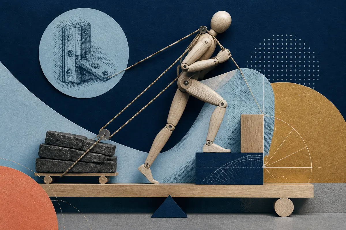 Articulated wooden figure using balance and leverage to pull a practical load up a step.