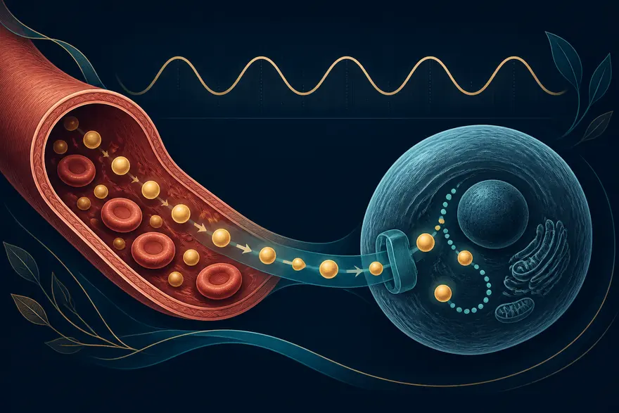 Conceptual illustration of evenly spaced glucose particles moving from a blood vessel toward a body cell.