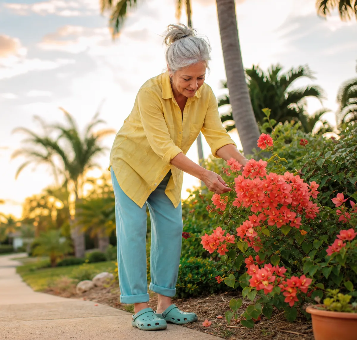 A woman tending flowering shrubs outside her home in the evening.