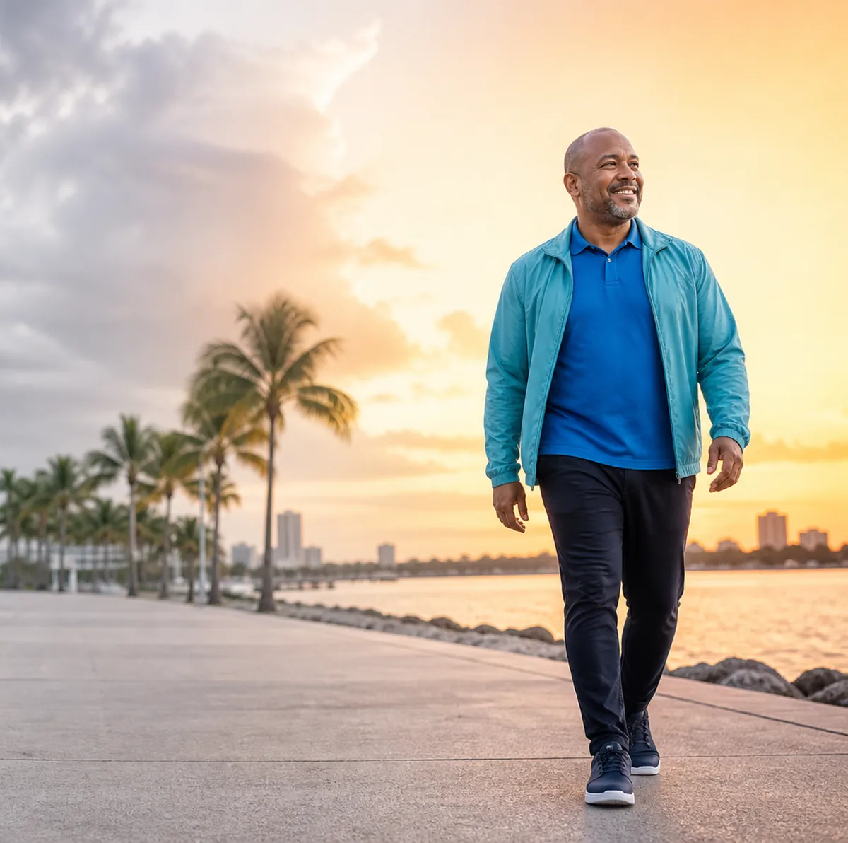 A man walking along the Tampa Bay waterfront at sunset.