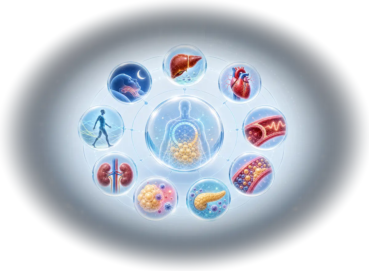 Connected metabolic-health illustration featuring sleep, liver, heart, vascular, kidney, pancreatic, movement, and weight-related areas.