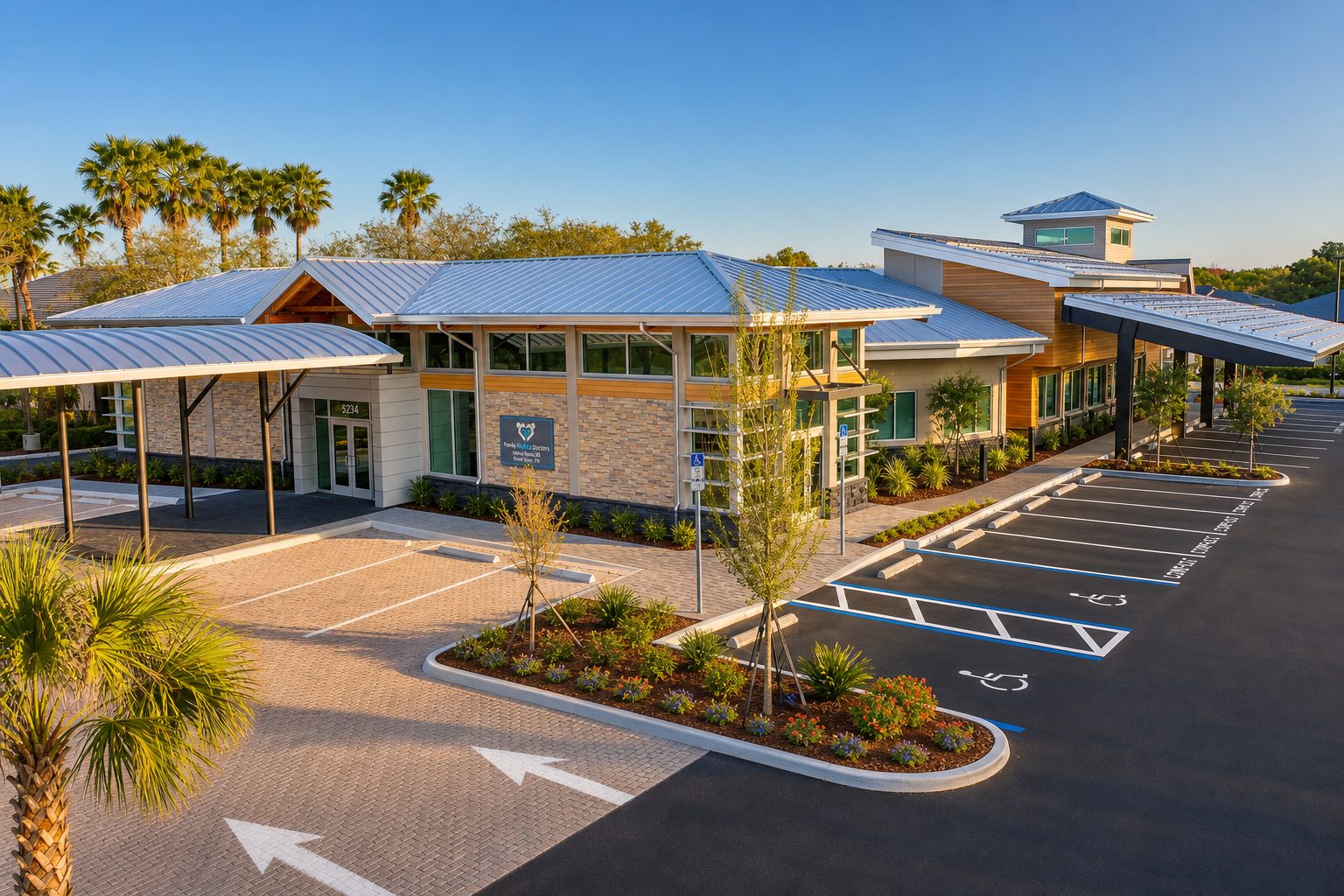 The Family Medical Doctors building in New Port Richey, FL at golden hour, with covered entrance and patient parking